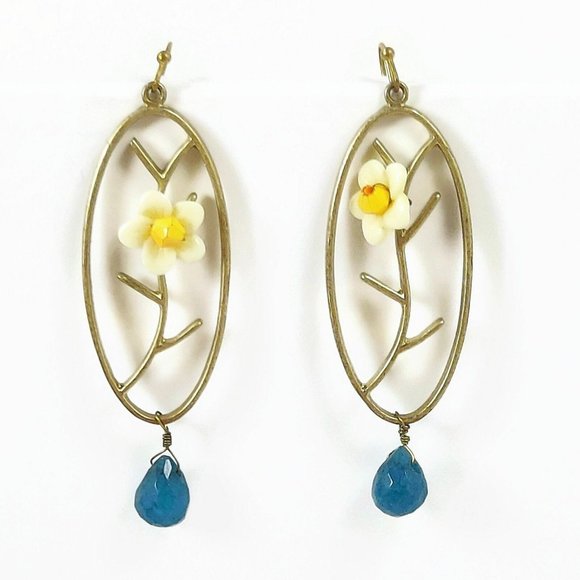 Flowery Drop Earrings W/Blue Stone Women's Jewerly - Picture 1 of 5
